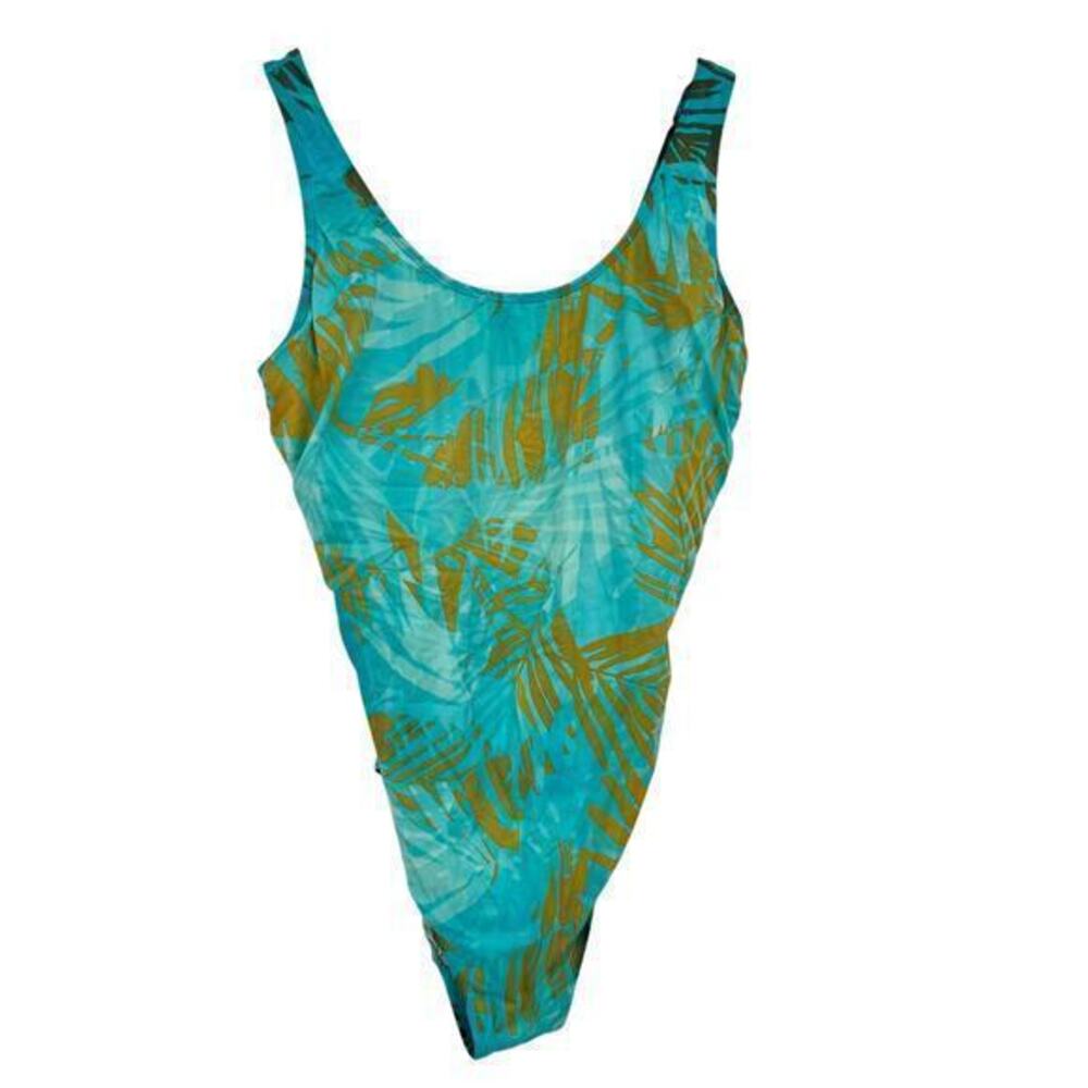 LL Bean green & gold leaf one piece swimsuit bathing suit plus size 16 regular
